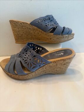 Spring Step leather lazer cut blue wedge sandals made in Italy